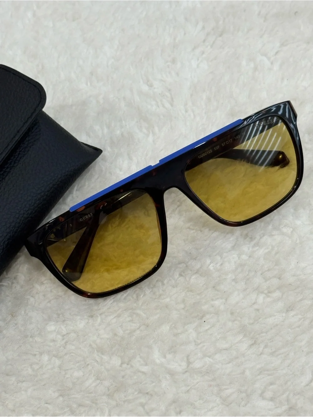 GUESS Black Frames with Yellow Lenses and Blue Top Bar aviator sunglasses